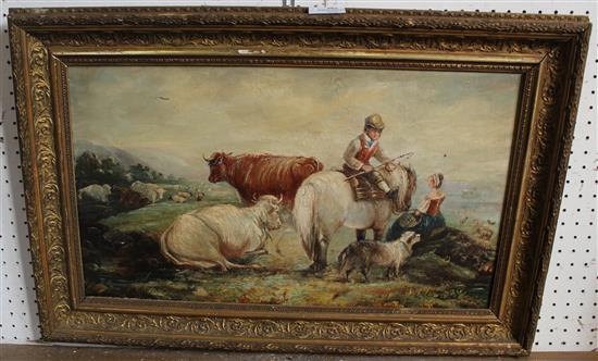 19C English School, oil on board, Landscape with cattle